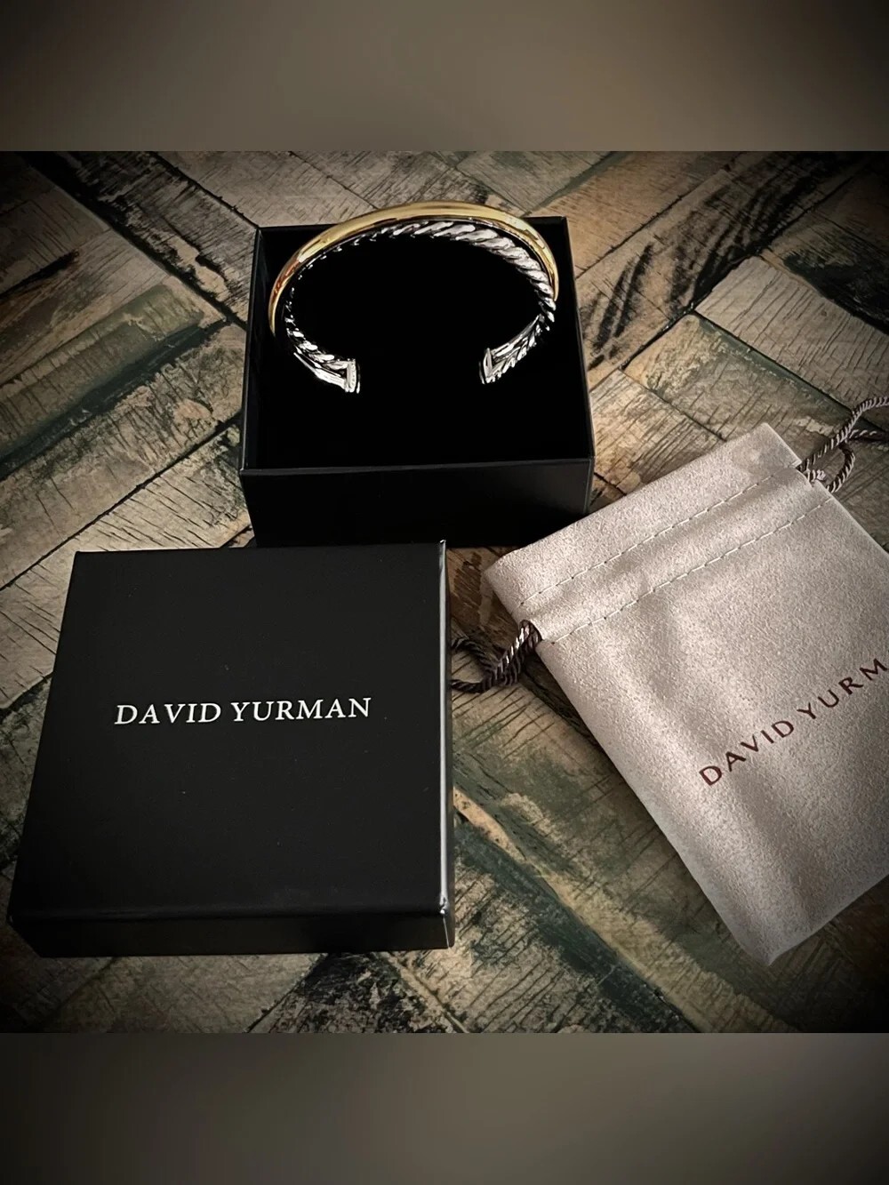 David Yurman Two‑Tone Gold Silver Cuff Bangle Designer Bracelet with Box